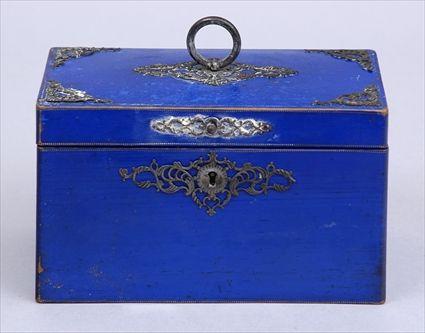 Appraisal: FRENCH METAL-MOUNTED BLUE LACQUER TEA CADDY The hinged top with