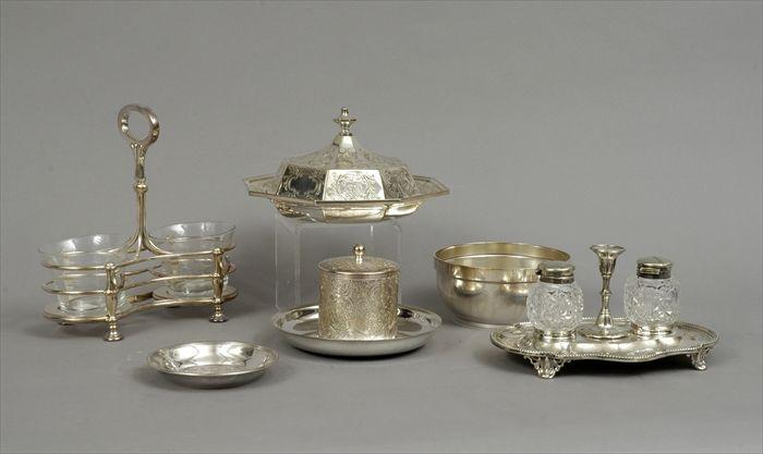 Appraisal: Seven Silverplate Articles Including an inkstand a repouss covered box