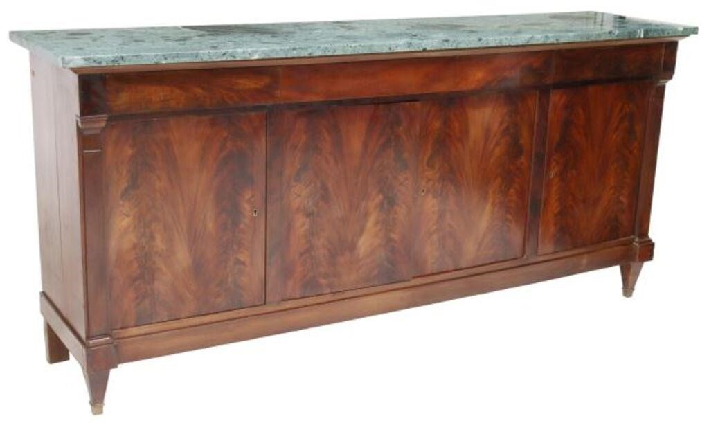 Appraisal: French flame mahogany marble top sideboard th c fitted with