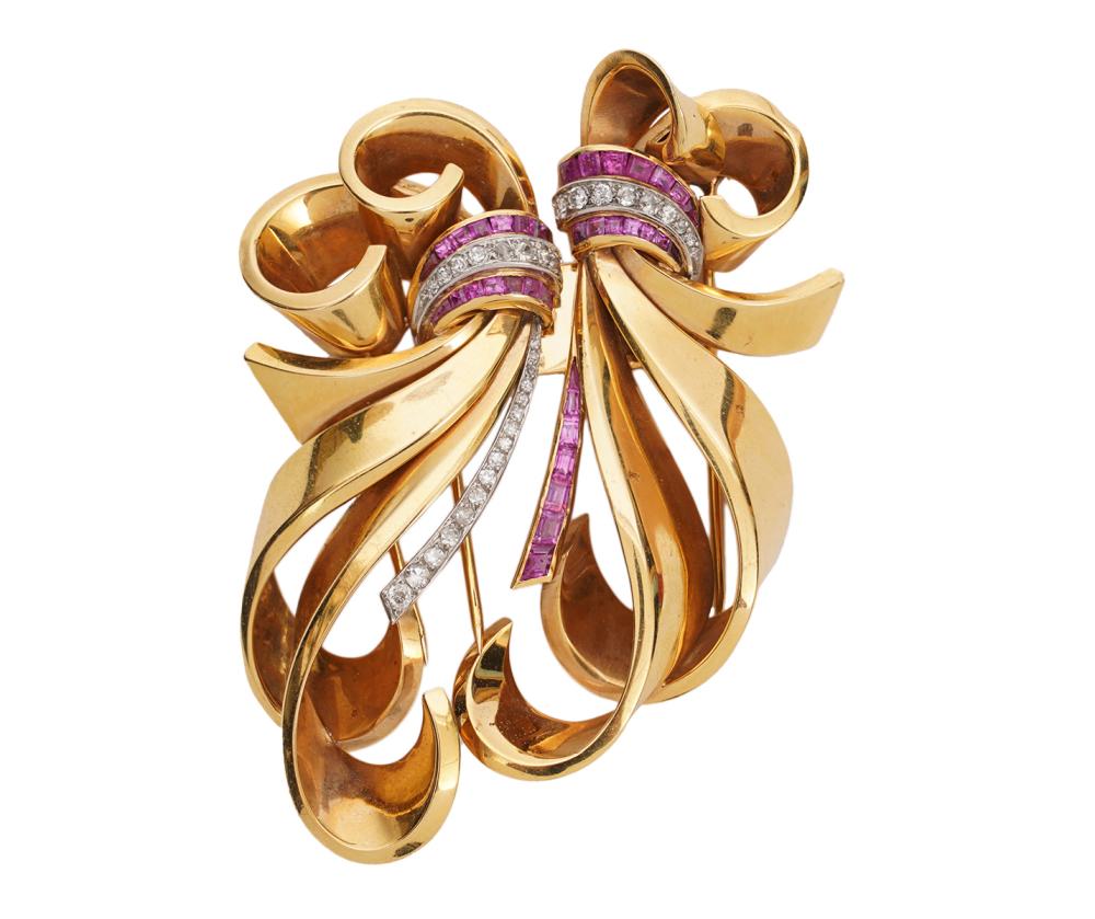 Appraisal: K GOLD DIAMOND RUBY DUAL DRESS CLIP-BROOCHAntique French K yellow