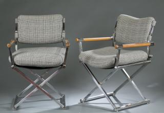 Appraisal: Pair of chrome wood frame Mid-Century chairs Mohair olive ash