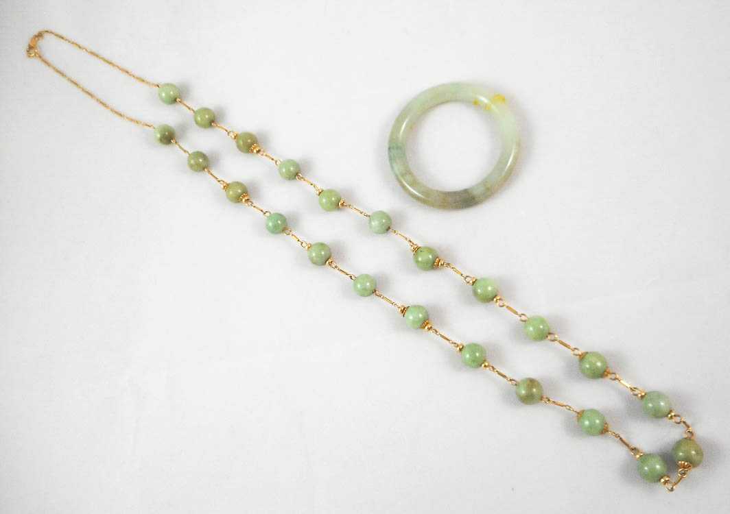 Appraisal: TWO ARTICLES OF GREEN JADE JEWELRY including a - inch