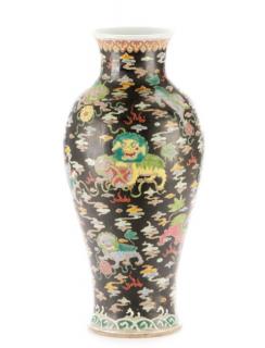 Appraisal: Chinese Famille Noir Porcelain Fu Dog Motif Vase Chinese th