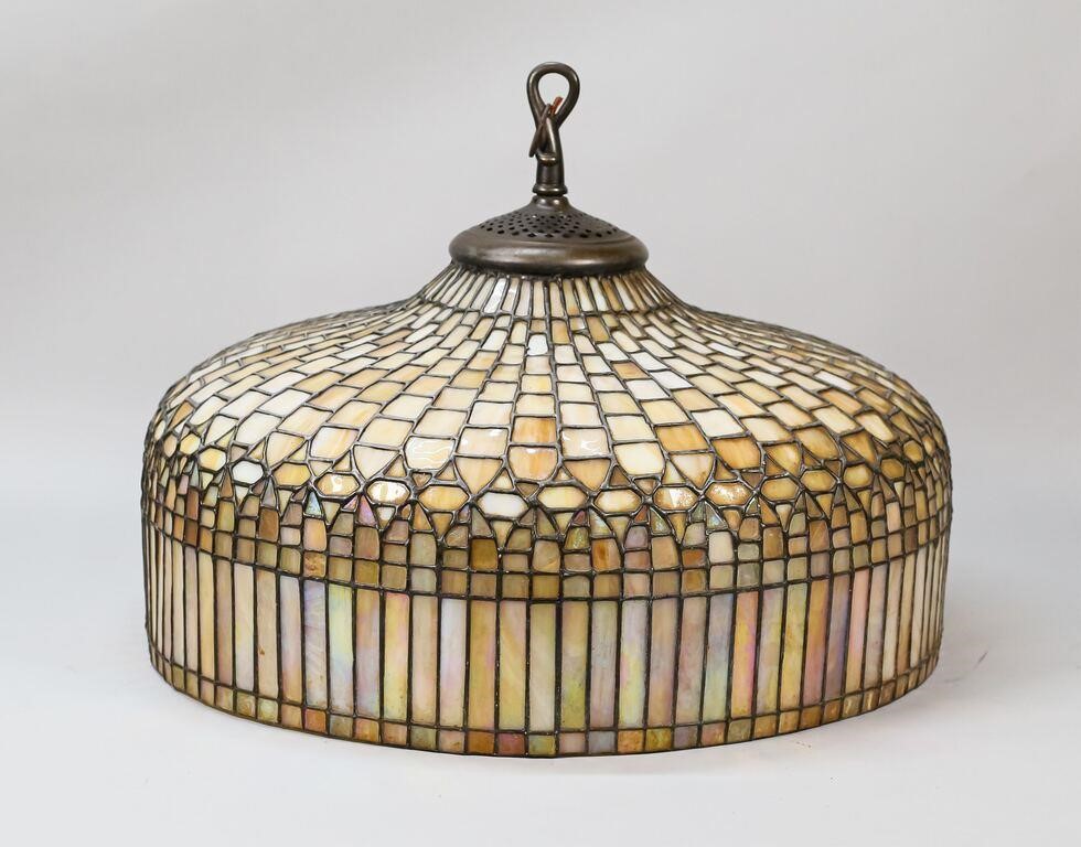 Appraisal: Leaded glass hanging fixture after Tiffany Studios Curtain Border lamp