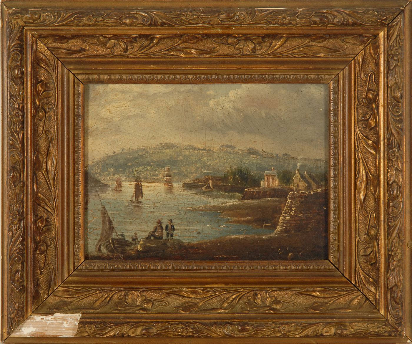 Appraisal: CONTINENTAL SCHOOLLate th Early th CenturyPrimitive harbor scene with two