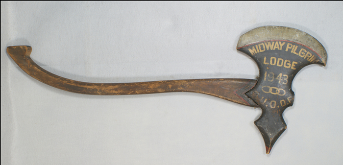 Appraisal: Painted and carved Odd Fellows wooden axe Midway Pilgrim Lodge