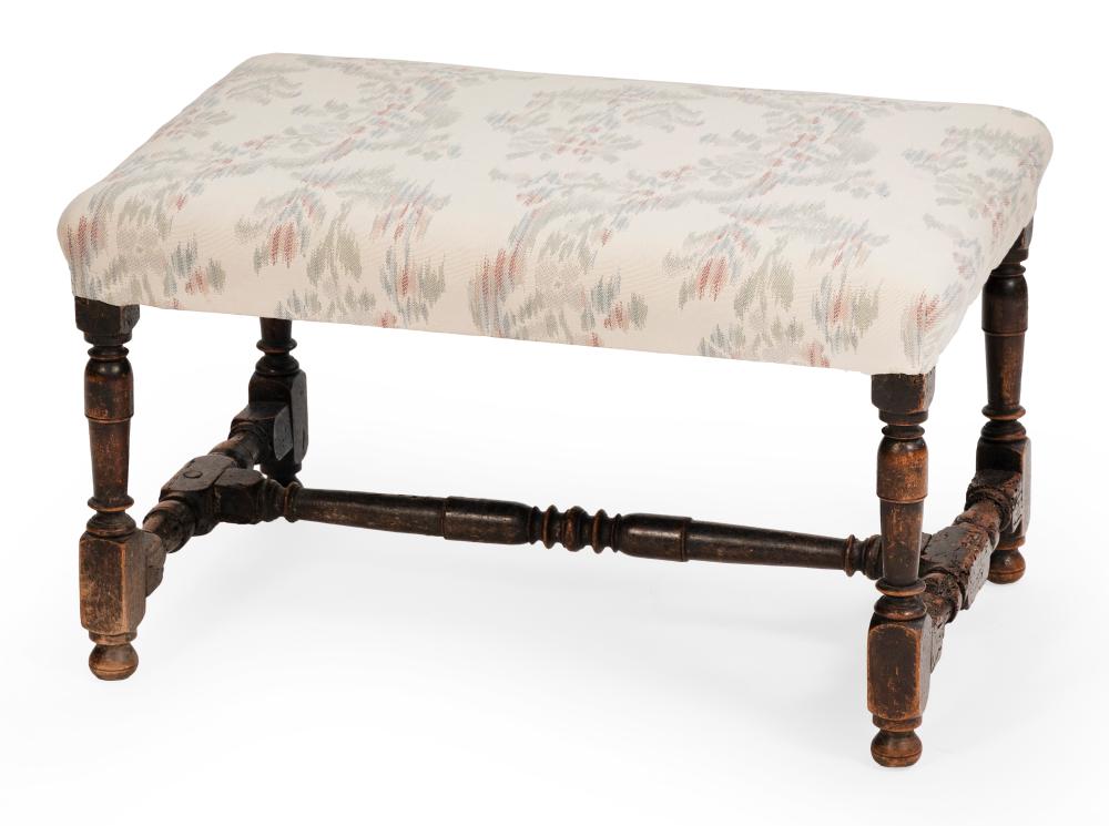 Appraisal: WILLIAM MARY UPHOLSTERED STOOL TH CENTURY HEIGHT LENGTH WIDTH WILLIAM