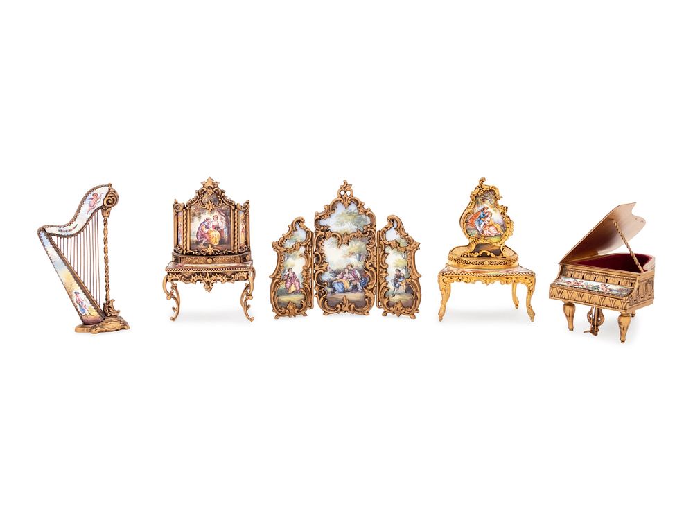 Appraisal: Five Viennese Enameled Miniature Furniture Articles Five Viennese Enameled Miniature