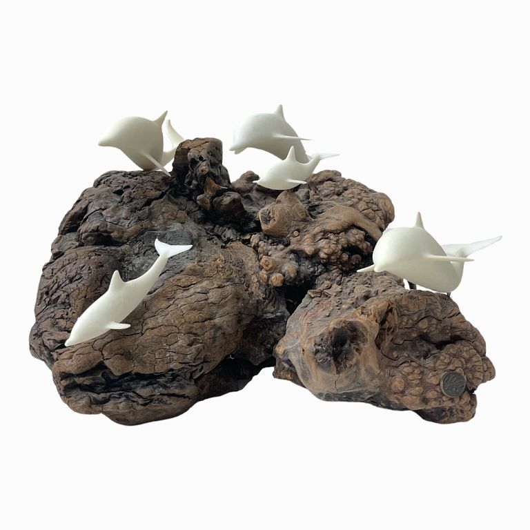 Appraisal: Sculpture Wood Coral with Porcelain Dolphins Wood sculpture with painted