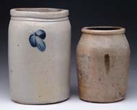 Appraisal: TWO SMALL STONEWARE CROCKS h crock decorated with three blue