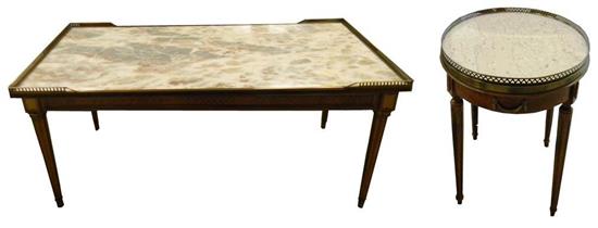 Appraisal: Two th C marble top tables with pierced brass galleries