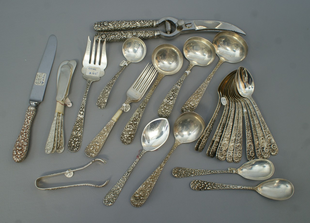 Appraisal: pcs Stieff repousse and rose pattern flatware teaspoons ladles butter