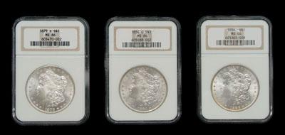 Appraisal: Three Gem BU Morgan silver dollars -S -O all NGC