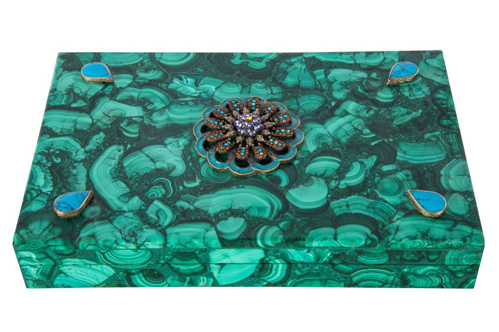 Appraisal: STONE GLASS-INALID MALACHITE BOXwith hinged top and unlined open interior