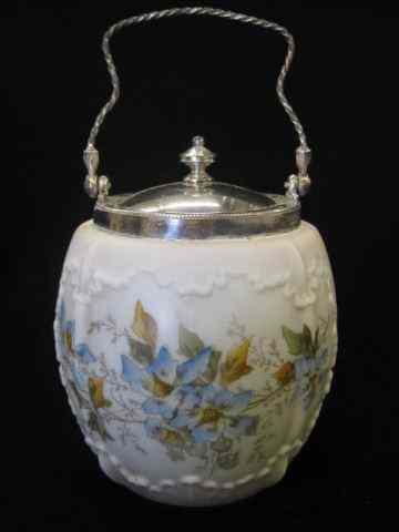 Appraisal: Wavecrest Victorian Art Glass Biscuit Jar floral decor silverplate top