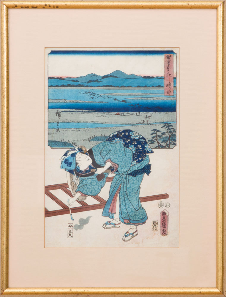 Appraisal: JAPANESE SCHOOL WOMAN WITH CALLIGRAPHY BRUSH Woodcut in colors on