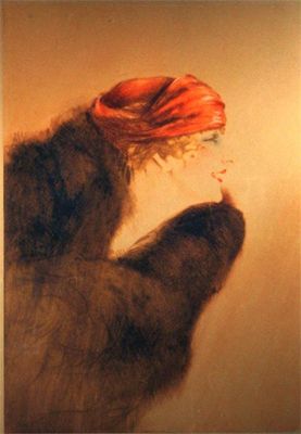 Appraisal: A Lithograph of a woman in a red beret after