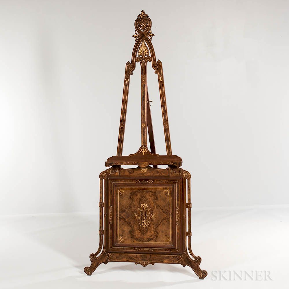 Appraisal: Aesthetic Movement Mahogany and Burlwood-veneered Gallery Easel Aesthetic Movement Mahogany