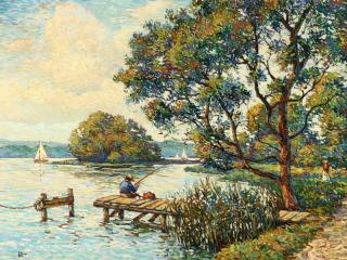 Appraisal: Frederik E Grue Pointillist view of figures fishing on a