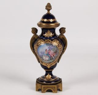 Appraisal: SEVRES BRONZE MOUNTED CABINET URN SEVRES COBALT GROUND BRONZE MOUNTED