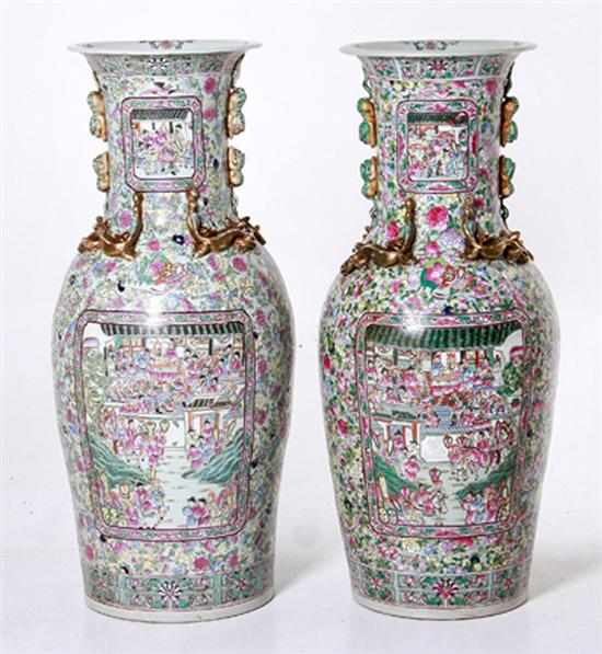 Appraisal: Pair Chinese Export famille rose palace urns baluster-form vases decorated