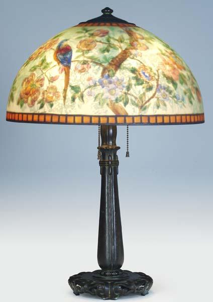 Appraisal: HANDEL Table lamp its chipped ice shade reverse-painted with parrots