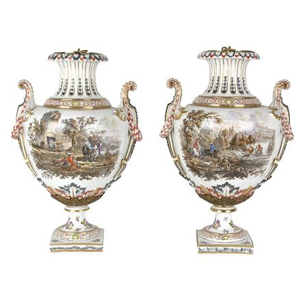 Appraisal: Pair of German Gilt-Metal Mounted Gilt and Painted Porcelain Two-Handled