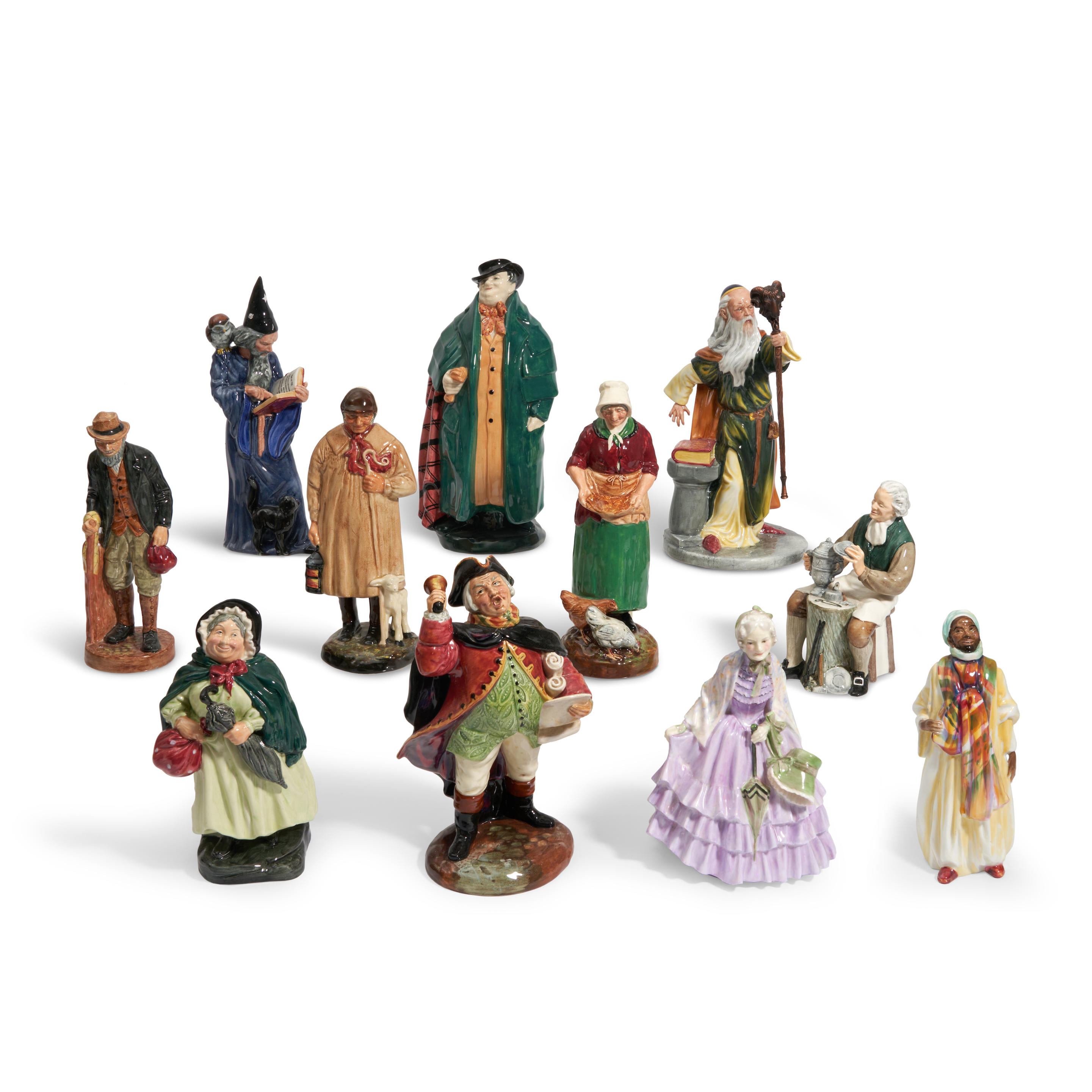 Appraisal: ELEVEN ROYAL DOULTON FIGURES including Tony Weller Merlin The Shepherd