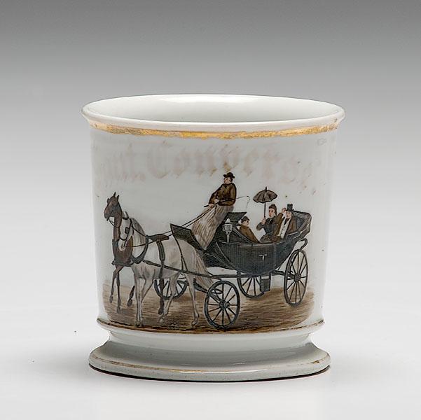 Appraisal: HACK DRIVER OCCUPATIONAL SHAVING MUG porcelain with polychrome painted scene