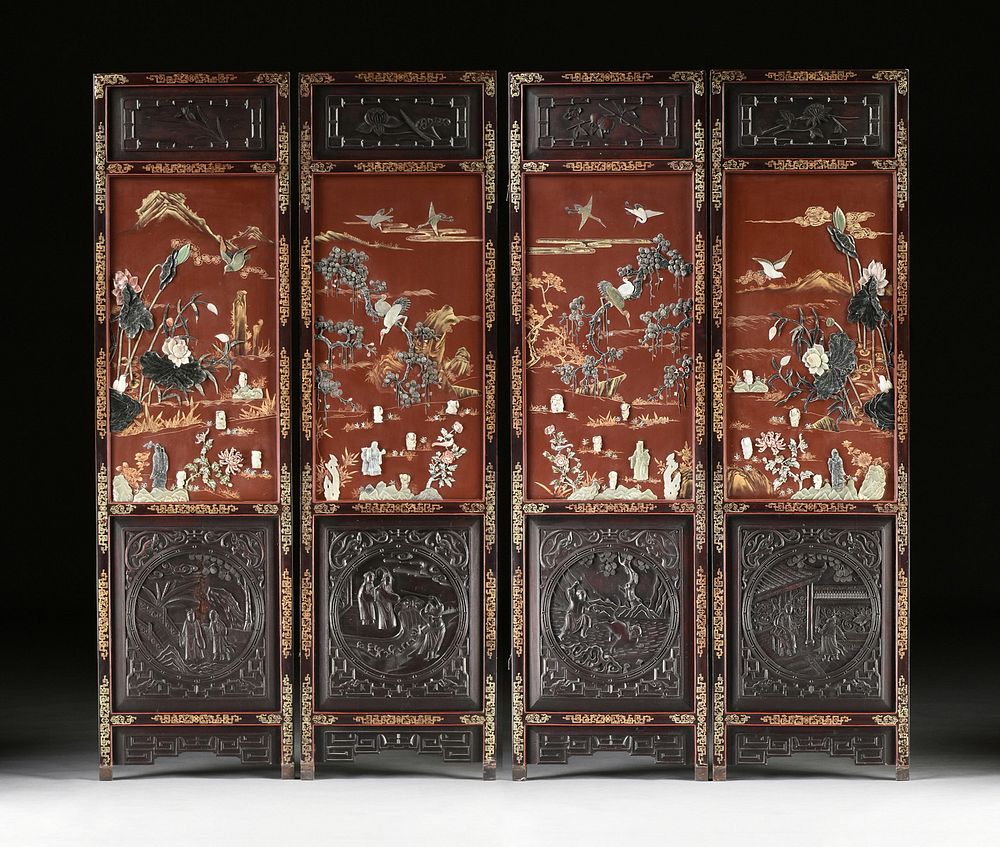 Appraisal: A CHINESE RED LACQUERED FOUR PANEL JADE HARDSTONE MOUNTED HARDWOOD