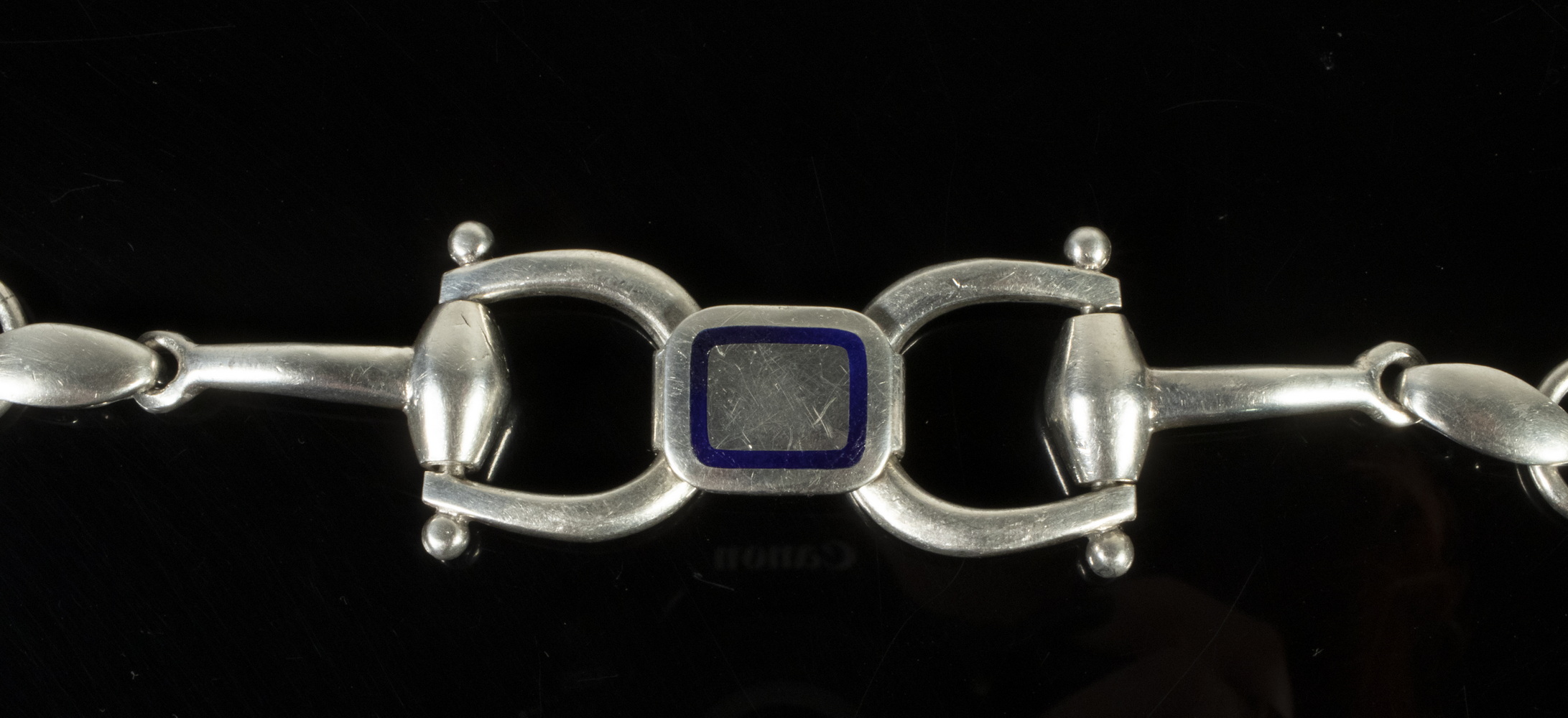 Appraisal: SILVER LINK BRACELET -Silver Horse Bit Form Bracelet with blue