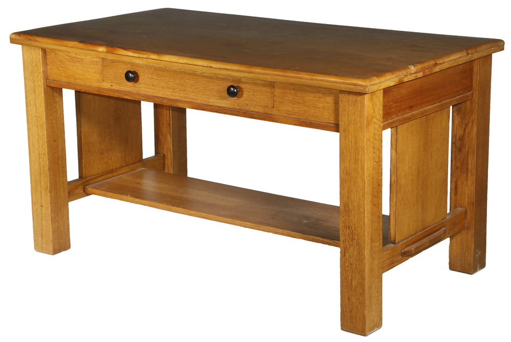 Appraisal: LARGE ARTS CRAFTS OAK DESK WITH PINE TOP Custom Quarter