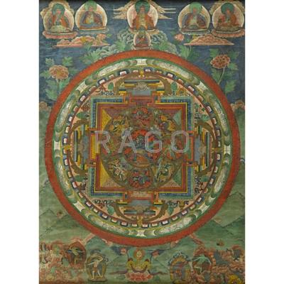 Appraisal: TIBETAN THANGKA PAINTING ON PAPER Buddhist deities surrounding a circular