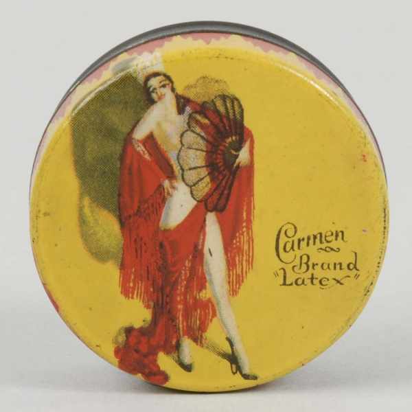 Appraisal: Carmen Brand Latex Condom Tin Description Depicts a Spanish lady