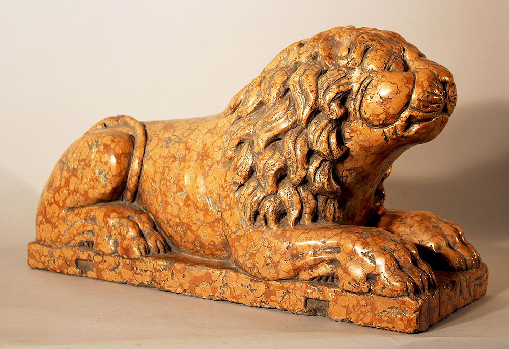 Appraisal: Rosso Verona Lion Rosso Verona Stone reclining Lion on rectangular