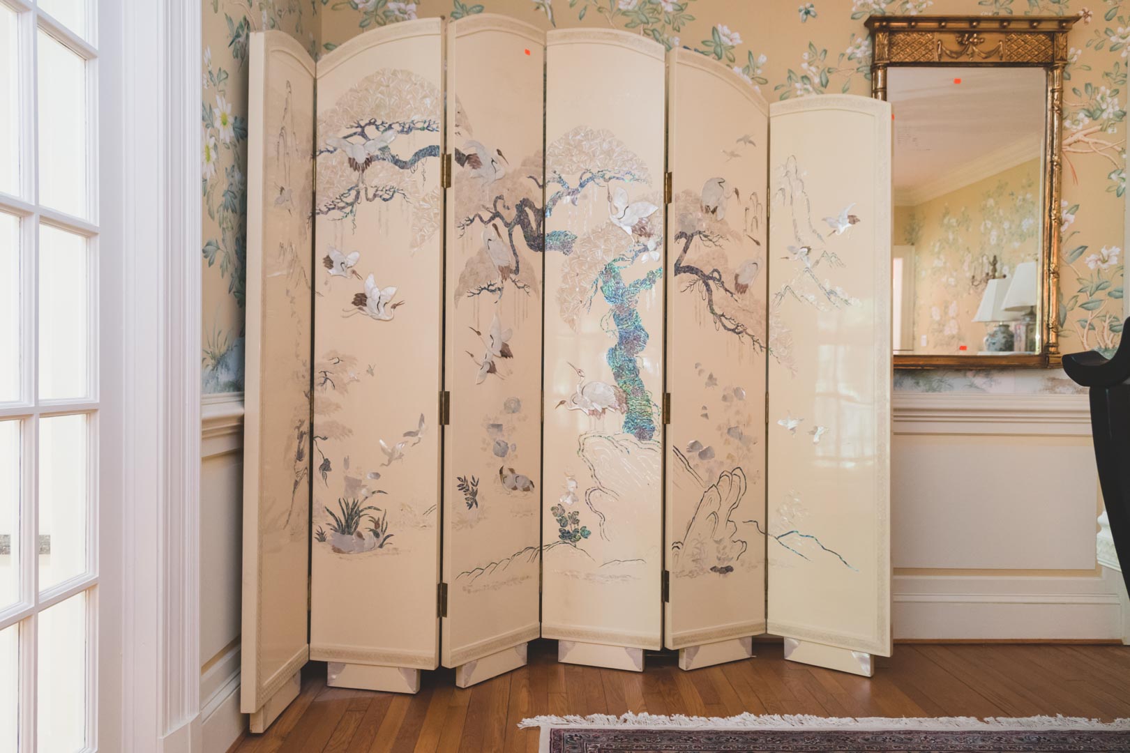 Appraisal: Mother-of-pearl inlay cream lacquered room screen six panels to screen