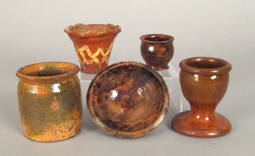 Appraisal: Five pieces of miniature redware th c including egg cup