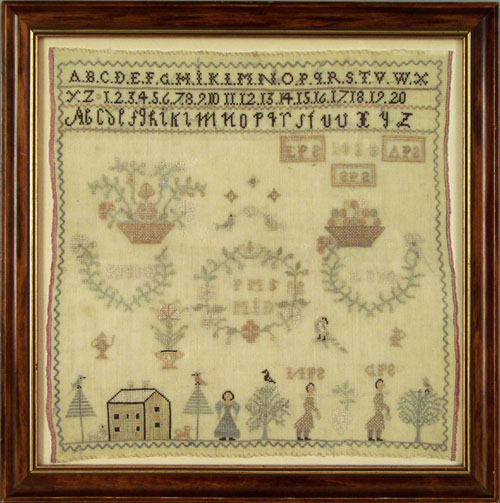 Appraisal: English silk on linen sampler dated x