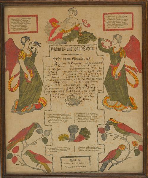 Appraisal: A painted and printed paper birth and baptismal fraktur Pennsylvania