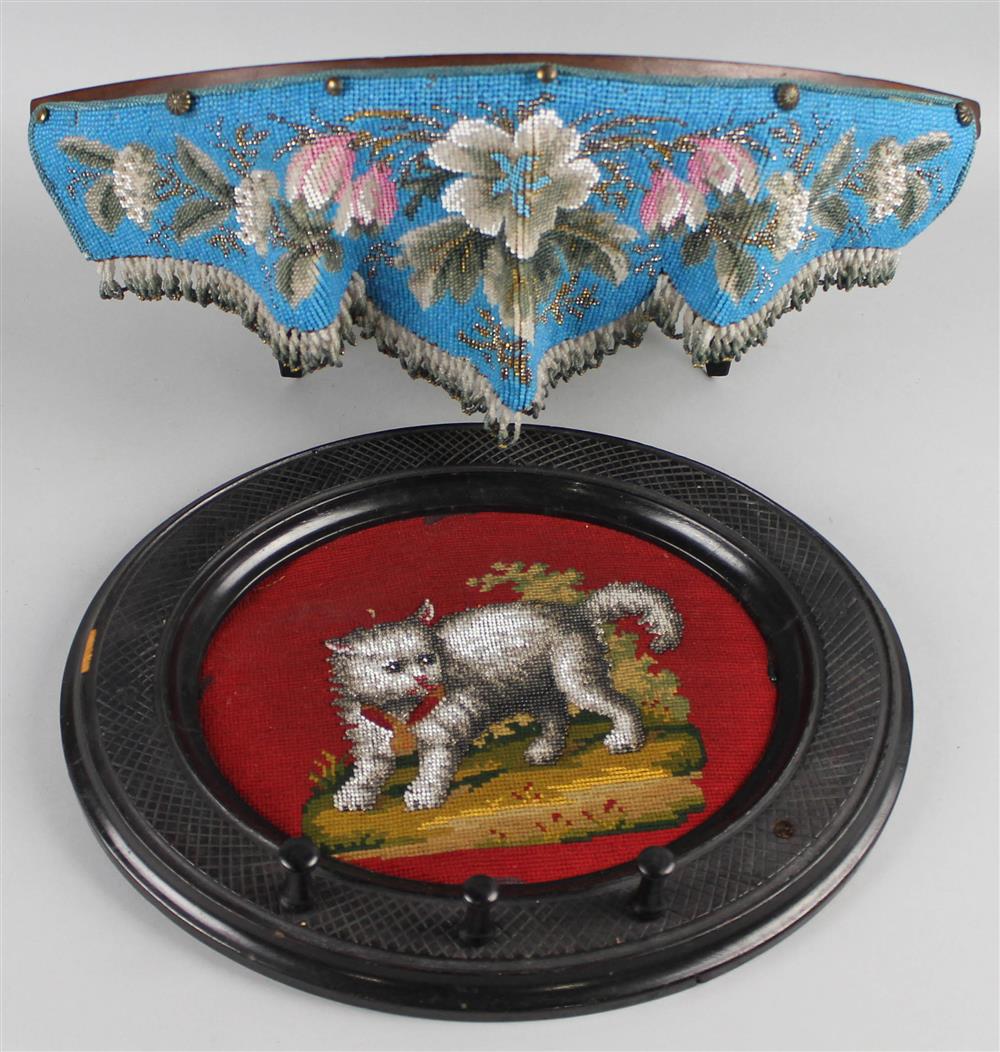 Appraisal: BERLINWORK BEADWORK FRAMED OVAL CAT AND PANEL ATTACHED TO A