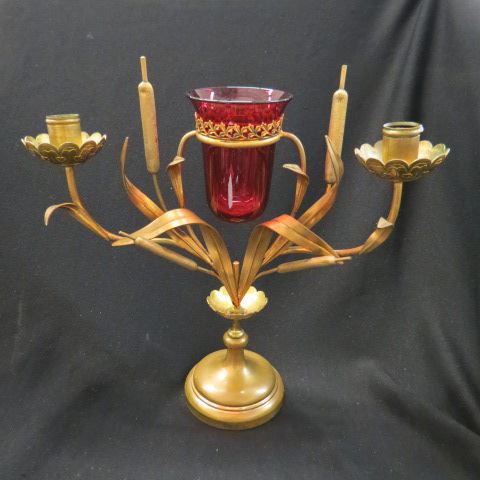 Appraisal: Victorian Brass Candelabra with Cranberryglass vase holder has cat tail