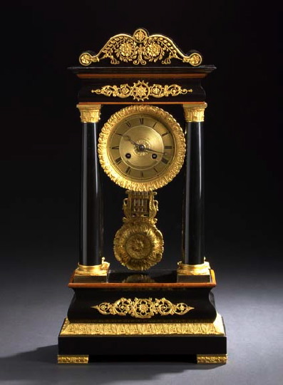 Appraisal: Good Monroix Paris Gilt-Lacquered Brass-Mounted Ebonized Fruitwood Mantel Clock of