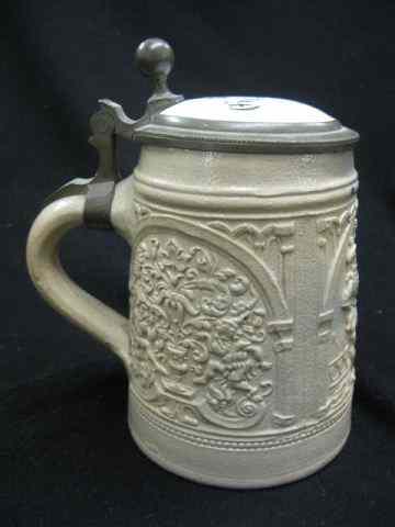 Appraisal: German Salt Glaze Stoneware Stein bas-relief scene with cavaliers porcelain