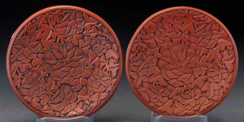 Appraisal: Pr Chinese Ming carved cinnabar platesdepicting peony blossoms '' Dia