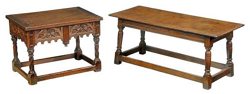 Appraisal: Two Gothic Style Carved Oak Tables Benches First with molded