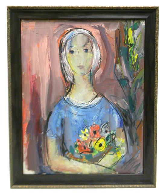 Appraisal: Marion Huse American - Woman in Blue Holding Bouquet oil