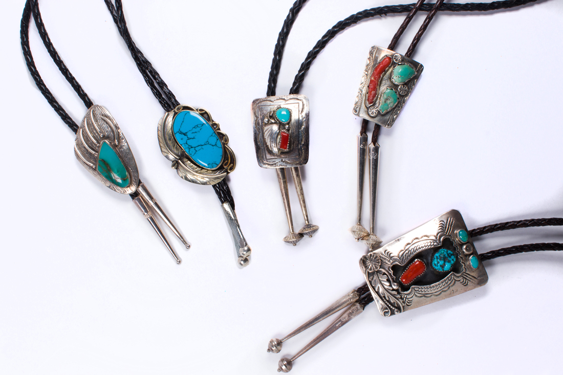 Appraisal: LOT OF NAVAJO TURQUOISE AND CORAL INLAID SILVER BOLO TIES