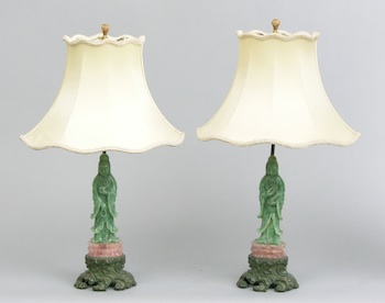 Appraisal: A Pair of Lamps with Carved Jade Quan Yin Figures