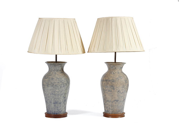 Appraisal: A PAIR OF LARGE BLUE GLAZED TABLE LAMPS of baluster