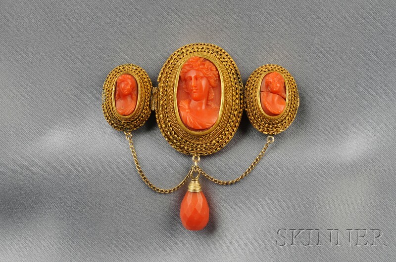 Appraisal: Antique kt Gold and Coral Cameo Brooch set with three